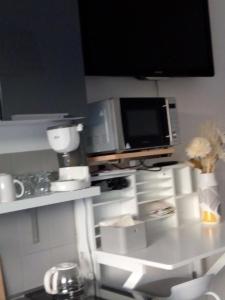 uma cozinha com um balcão e um micro-ondas em Studio 300m plage em Saint-Laurent-du-Var