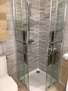 a shower with a glass door in a bathroom at Appartement maisonnette de vacances in Cannes