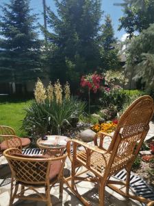 un patio con mesa, sillas y flores en Boutique Guest House IKONOMOV, en Bansko