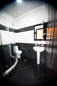 a bathroom with a sink and a toilet and a mirror at Apartment Chavchavadze in Batumi