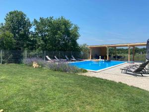 a backyard with a swimming pool and a house at Enjoy Green, APP with swimming pool, garden, pets welcome in Novigrad Istria