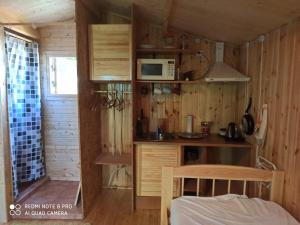 eine kleine Küche in einem Minihaus mit Mikrowelle in der Unterkunft E.A.MINIKAMP in Lelle