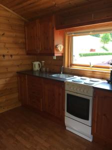 a kitchen with a stove and a window in a cabin at Nesheim Hytter & Camping in Bjordal