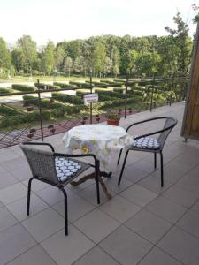 stół i krzesła na balkonie z widokiem na park w obiekcie Pensjonat AIDA w Ciechocinku