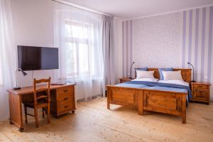 Dormitorio con cama, escritorio y TV en Penzion U Madony en Česká Lípa