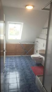 a bathroom with a toilet and a sink and a window at Haus Moewennest in Gelting