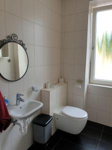 a bathroom with a toilet and a sink and a mirror at Zirbe - Bayerischer Hof in Rüdesheim am Rhein +37 photos
