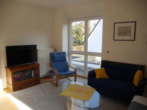 多特蒙德的住宿－FeWo BlumenPott，客厅配有蓝色的沙发和电视