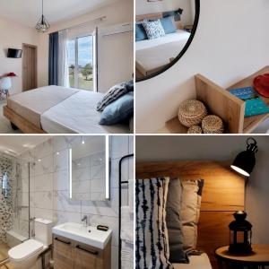 Cette chambre comprend un lit, un miroir et une salle de bains. dans l'établissement Megali Beach Nikos, à Sidari