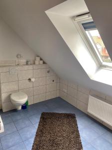 a attic bathroom with a toilet and a window at Steigerwaldblick Apartments Burgebrach in Burgebrach +37 photos