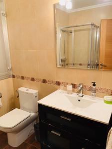 a bathroom with a toilet and a sink and a mirror at Casa A Confianza in Isla de Arosa