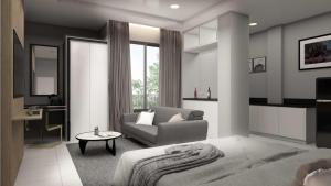 51 Suanplu Residence في بانكوك: غرفة معيشة مع سرير وأريكة