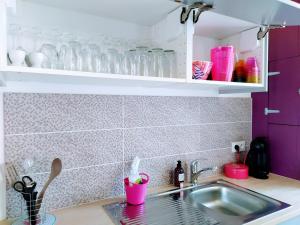 a kitchen counter with a sink and glasses on a shelf at Casa Louka in Saint-Aignan