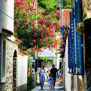 Eine Gruppe von Menschen, die mit Blumen auf einer Straße spazieren in der Unterkunft Authentic Vila Nona by NYC Interior Architect in Susak