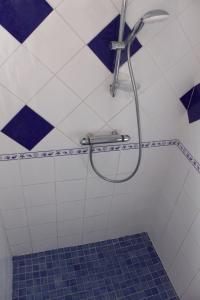 e bagno con doccia e piastrelle bianche e blu. di Les saules a Domalain