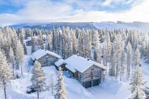 une vue aérienne sur une cabane en rondins dans la neige dans l'établissement Taruilevi 2 - Villa Levin Taiga - Cabin Close to The Center of Levi, à Kittilä