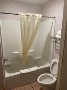 Budget Inn Timmonsville في Timmonsville: حمام مع مرحاض وحوض استحمام مع ستارة دش