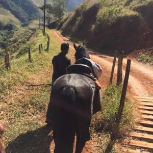 a person riding a horse down a dirt road at Refúgio Horse in Santo Antônio do Pinhal