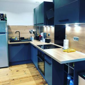 a kitchen with blue cabinets and a sink and a counter at Le Petit Caillebotis in La Rochelle