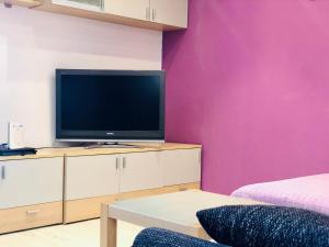a living room with a tv and a pink wall at Apartman Lala in Baška Voda