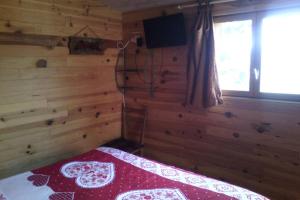 um quarto com uma cama num chalé de madeira em Petit chalet de montagne em Saint-Nectaire