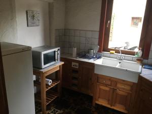 cocina con fregadero y microondas en La Maison d'Aldegonde, en Beloeil