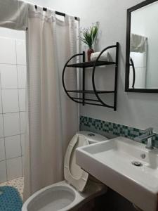 a bathroom with a toilet and a sink and a mirror at Hotel Casa Aurora in Quer&eacute;taro