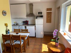 a kitchen with a table and a white refrigerator at Apartman Delfin in Senec