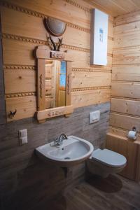 a bathroom with a sink and a toilet in a log cabin at Domek u Heli in Limanowa