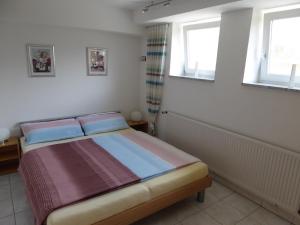 1 dormitorio con 1 cama y 2 ventanas en ferienwohnung-land en Sankt Ingbert