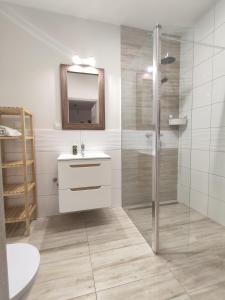 a bathroom with a shower and a sink and a mirror at Apartament Olsztyn Twoja Przestrzeń in Olsztyn