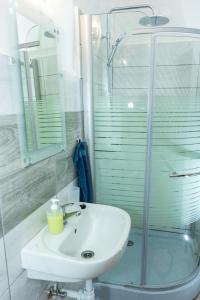 シャーロシュパタクにあるOlivia Apartmanのバスルーム(洗面台、ガラス張りのシャワー付)