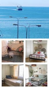 un collage de cuatro fotos de un dormitorio y un barco en Be My Guest en Kavala