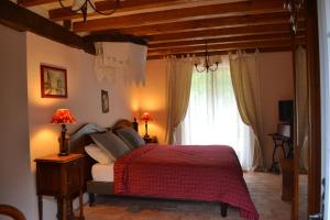 ein Schlafzimmer mit einem Bett und einem großen Fenster in der Unterkunft Maison d'Hôtes La Chouanniere in Brion