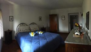 a bedroom with a blue bed with flowers on it at Casina Della Burraia in Subbiano