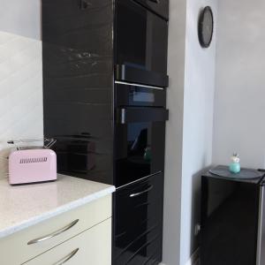 グダニスクにあるGDAŃSK Apartament Blisko Morzaのキッチン(黒い冷蔵庫、ピンクのトースター付)