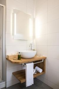uma casa de banho com um lavatório e um espelho em Holzfellas Home em Wiesau