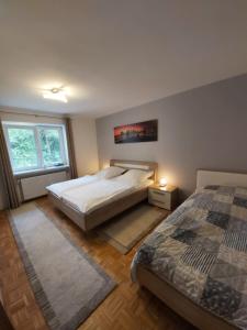 1 dormitorio con 2 camas y ventana en Ferienwohnung Künzell, en Künzell