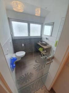 uma pequena casa de banho com WC e lavatório em Hotel & Restaurant "Am Obstgarten" em Oberteuringen