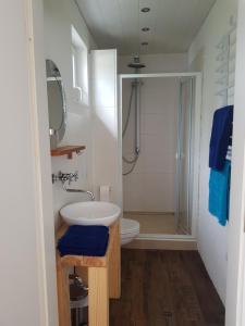 ein weißes Bad mit einem Waschbecken und einer Dusche in der Unterkunft Westerwald Apartments in Straßenhaus