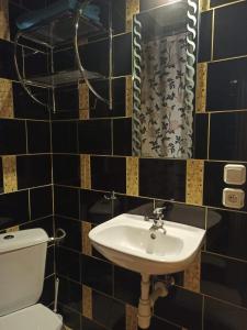 een badkamer met een wastafel, een toilet en een spiegel bij Przylesie in Uniejow