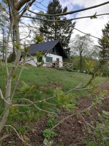 ein Haus mitten auf einem Feld in der Unterkunft Auerberg Blick in Hainfeld