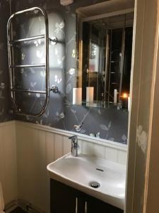 W łazience znajduje się umywalka i lustro. w obiekcie Havsutsikt i Sankt Anna w mieście Sankt Anna