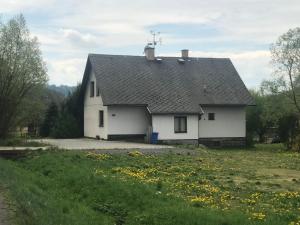 uma casa branca com uma entrada e um campo de flores em Ubytko Ivko em Letohrad