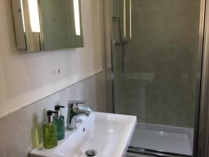 ウスターにあるShrubbery Guest Houseの洗面台とシャワー付きのバスルーム