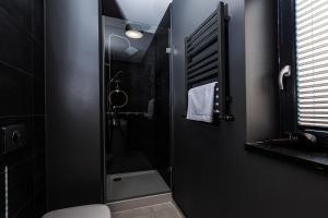 a black bathroom with a shower and a toilet at ICON APARTMENTS in Gdańsk