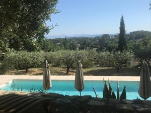 3 sombrillas y una piscina con árboles en LE NOMADE au Clos en Provence, en Flayosc