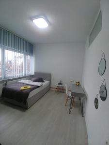 Schlafzimmer mit einem Bett, einem Tisch und einem Fenster in der Unterkunft Pension BeOne in Trossingen