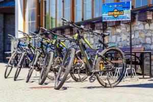 een rij fietsen geparkeerd naast elkaar bij Hotel Velká Klajdovka in Brno