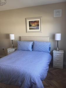 1 dormitorio con 1 cama con sábanas azules y 2 lámparas en St Anthony's Rosslare Strand, en Mervyn